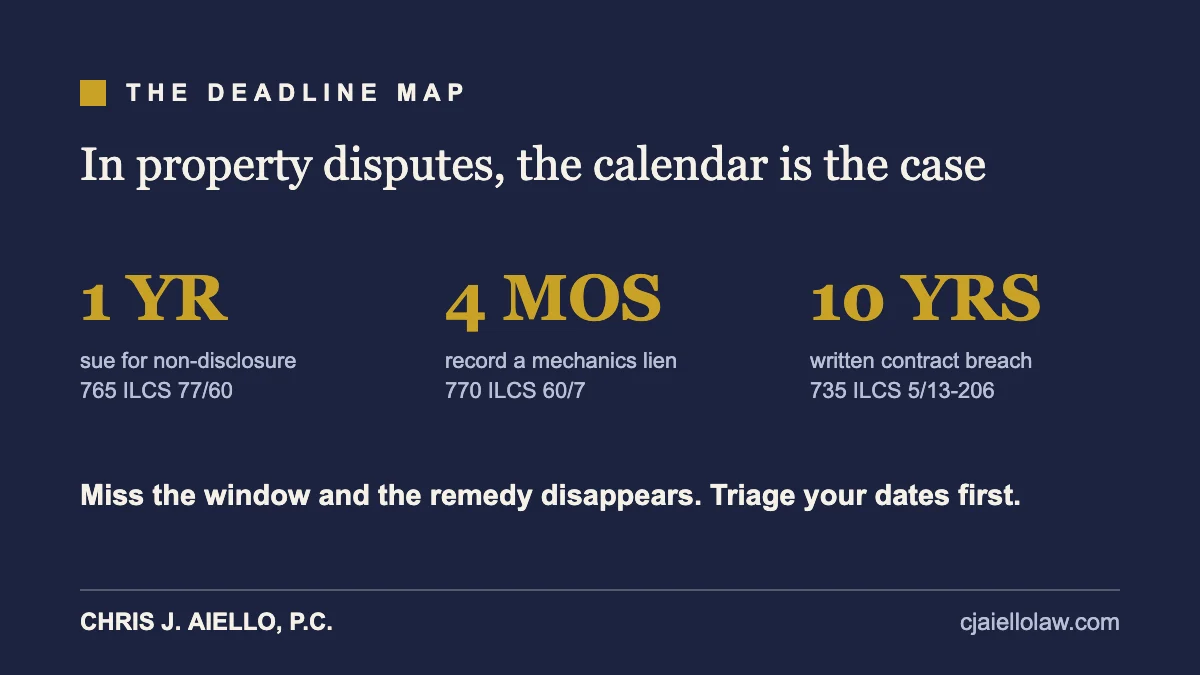 Key Illinois deadlines for property disclosure, mechanics lien, and contract claims