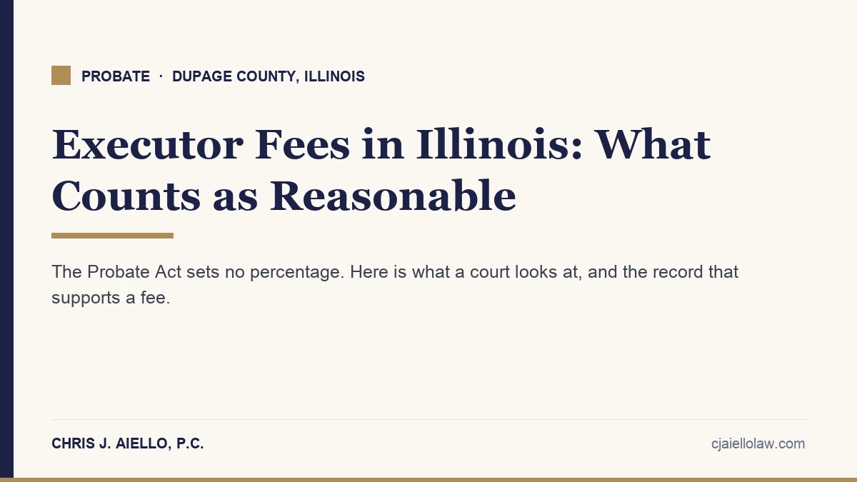 Executor fees in Illinois title card explaining reasonable compensation for DuPage County estates