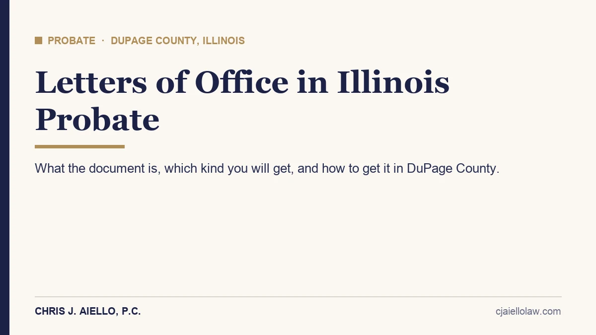 Letters of office in Illinois title card for DuPage County executors and administrators